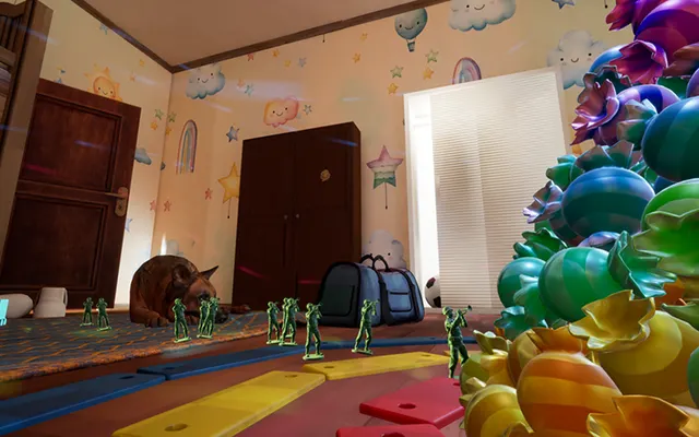 Speelgoedsoldaatjes en een berg snoep in een kinderkamer in het VR-spel Plush Rush
