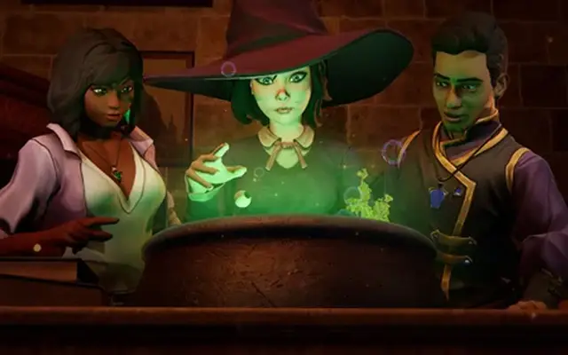 Drie toverleerlingen bij een ketel in het VR-spel Wizard Academy