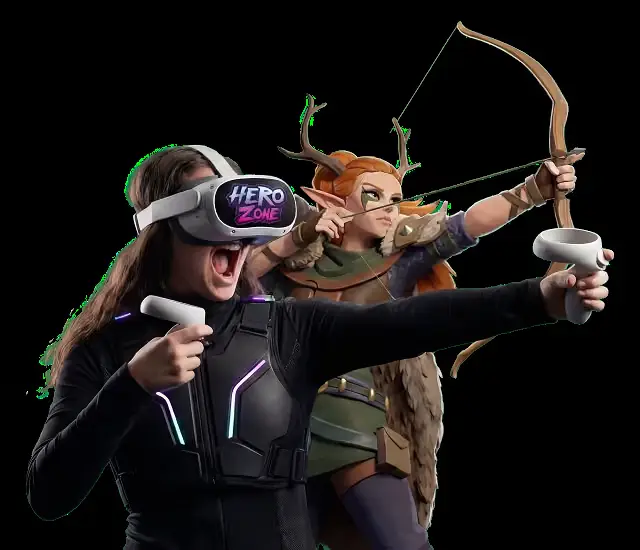 Speelster met VR-bril schiet met pijl en boog in het spel Arrowsong
